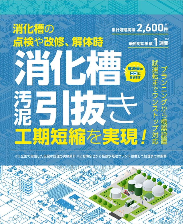 水処理機器の点検改修トラブル時仮設の水処理プラントで継続処理を実現！下水処理場　プランニングから機器設置 試運転までワンストップ対応 累計処理実績2600件 最短対応実績1週間