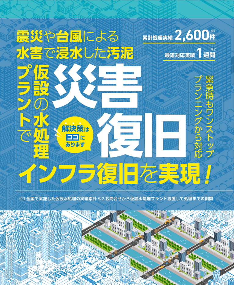震災や台風による水害で発生した汚泥 仮設の水処理プラントでインフラ復旧を実現！災害復旧 緊急対応もワンストップ対応 累計処理実績2600件 最短対応実績1週間