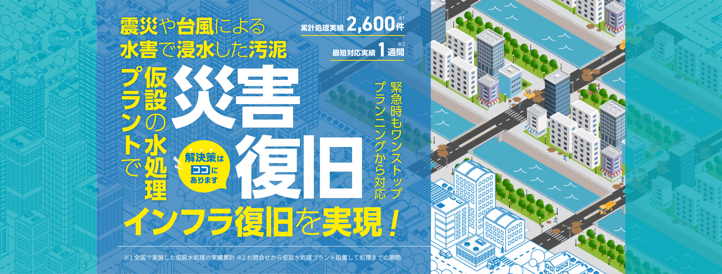 震災や台風による水害で発生した汚泥 仮設の水処理プラントでインフラ復旧を実現！災害復旧 緊急対応もワンストップ対応 累計処理実績2600件 最短対応実績1週間