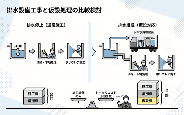 排水停止・清掃・仮設処理の有無による違い