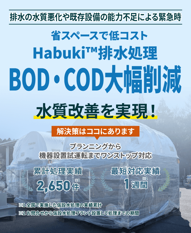 排水の水質悪化や既存設備の能力不足による緊急時、小スペースで低コストなHabuki™排水処理 BOD・COD大幅削減で水質改善を実現!プランニングから機械設備試運転までワンストップ対応 累計処理実績2650件 最短対応実績1週間