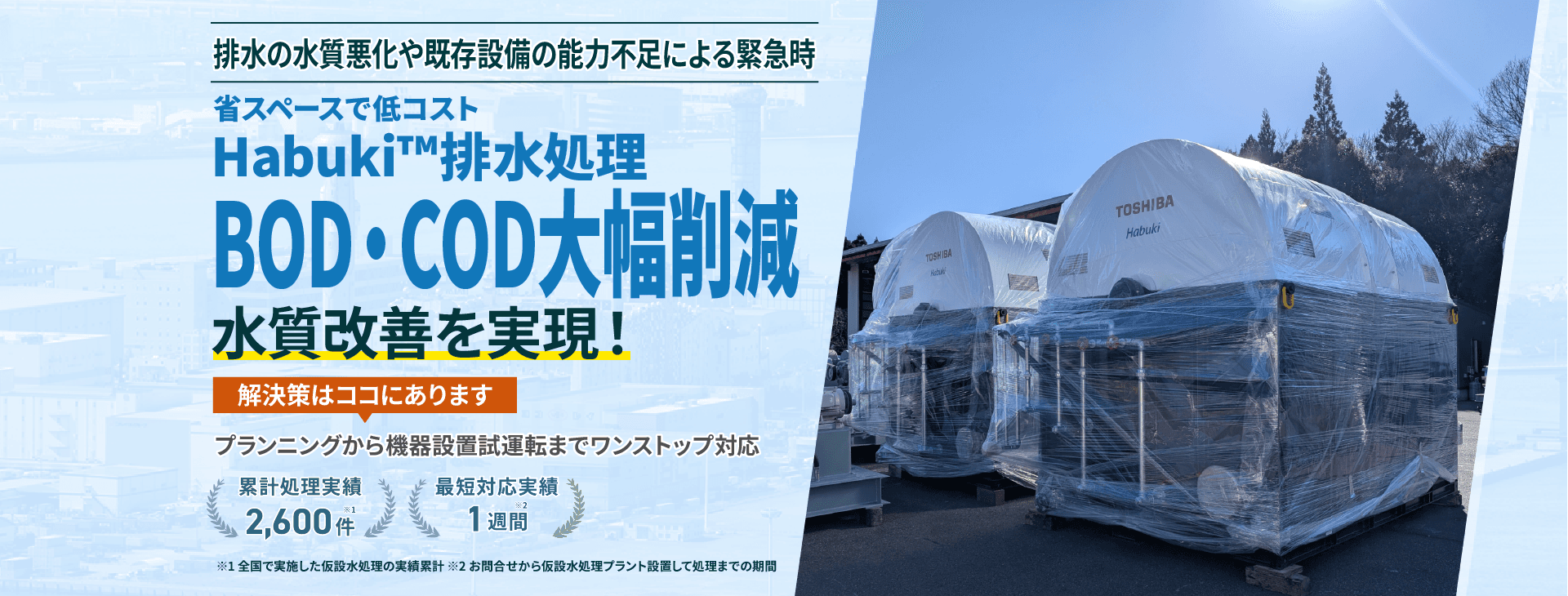 排水の水質悪化や既存設備の能力不足による緊急時、小スペースで低コストなHabuki™排水処理 BOD・COD大幅削減で水質改善を実現!プランニングから機械設備試運転までワンストップ対応 類型処理実績2600件 最短対応実績1週間