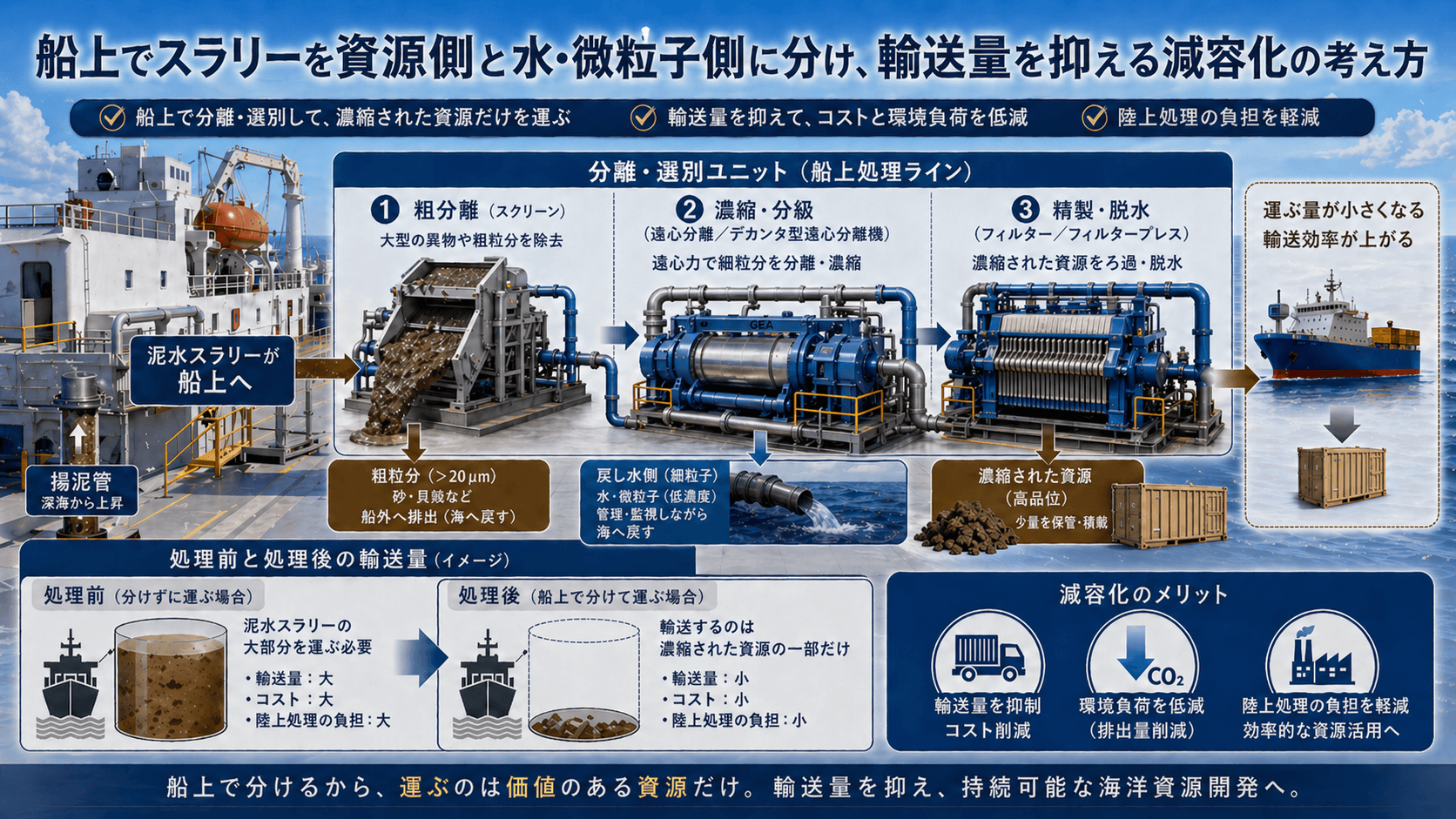 船上で泥水スラリーを濃縮資源側と戻し水側に分け、輸送量を減らす処理フロー図