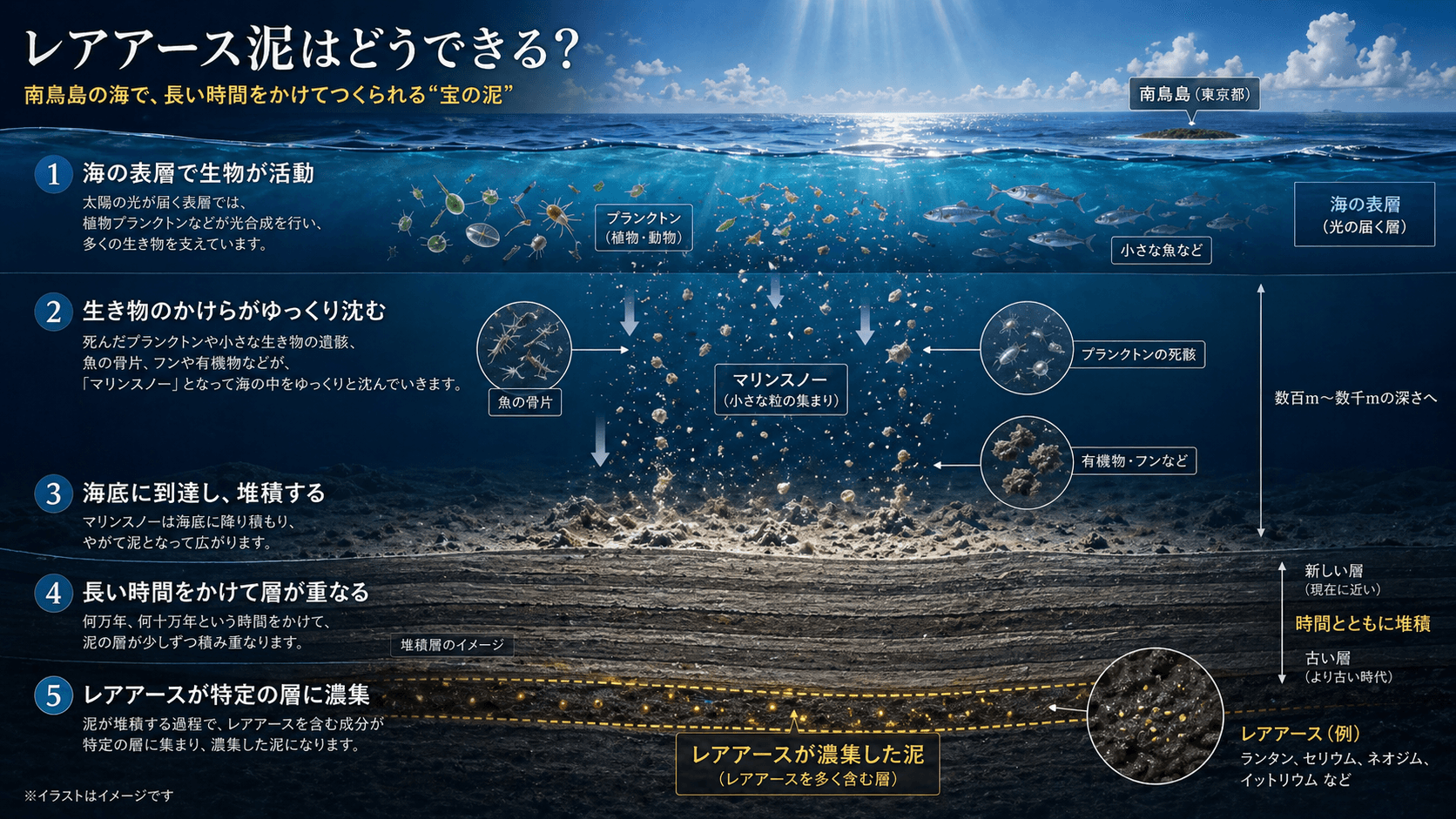 魚の骨片やプランクトン由来の粒子が海底に沈み、長い時間をかけてレアアース泥になる過程