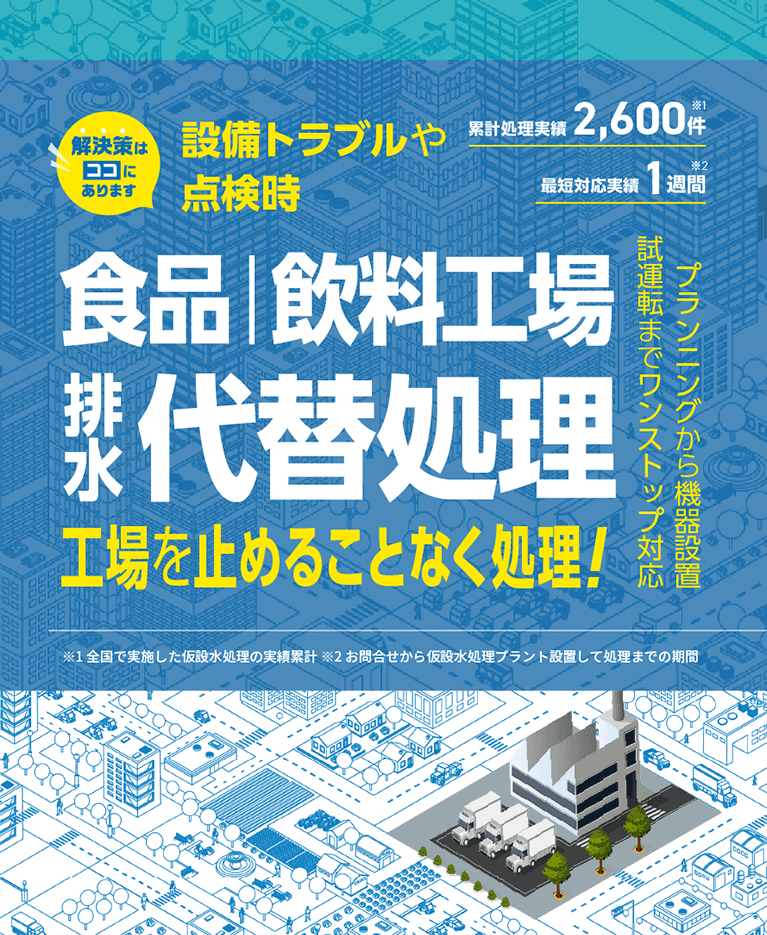 設備トラブルや点検時、食品・飲料工場の排水代替処理で工場を止めることなく処理!