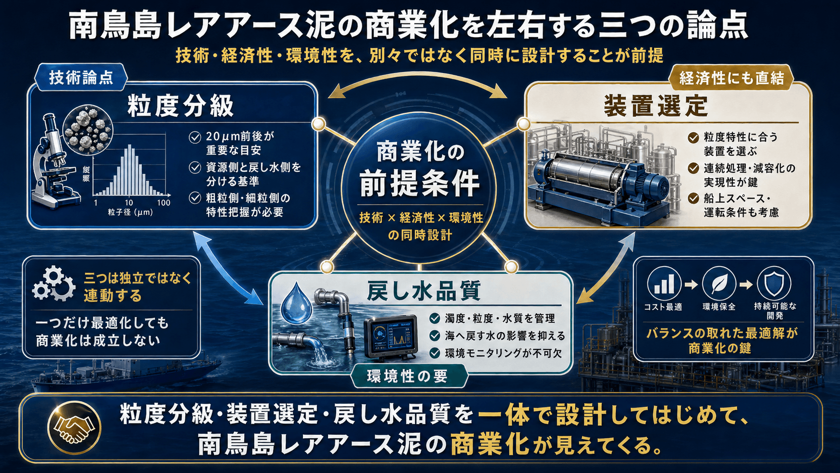 粒度分級、装置選定、戻し水品質の三要素が商業化の前提条件として関係する概念図