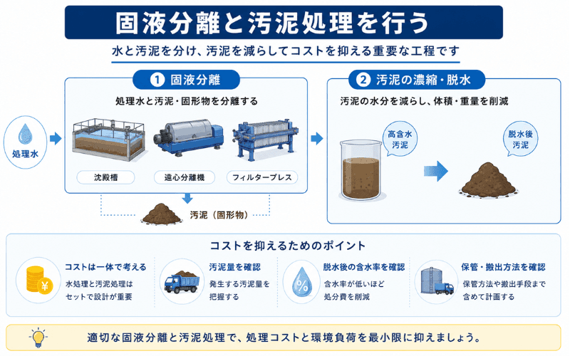 主処理によって集められた固形物や、微生物処理によって増えた汚泥は、処理水から分離する必要があります。沈殿槽、遠心分離機、フィルタープレスなどを用いて固体と液体を分け、分離した汚泥を濃縮・脱水して体積や重量を減らします。 水処理と汚泥処理は設備上は別の工程ですが、コスト面では一体として設計することが重要です。処理水の水質を改善できても、含水率の高い汚泥が大量に残れば、運搬費や産業廃棄物処分費が増加します。処理方法を検討するときは、発生する汚泥量、脱水後の含水率、保管・搬出方法まで確認します。