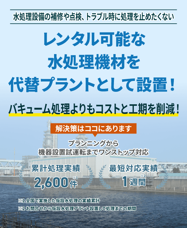 水処理設備の補修や点検、トラブル時に処理を止めたくない レンタル可能な水処理機器を代替プラントとして設置!バキューム処理よりもコストと工期を削減!プランニングから機械設置試運転までワンストップ対応 類型処理実績2600件 最短対応実績1週間