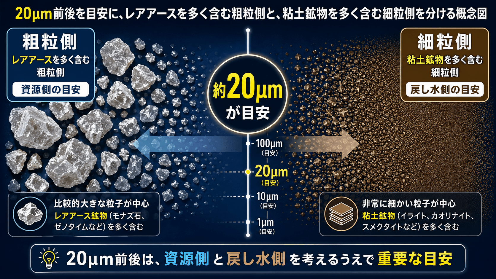 20μm前後を境に、粗粒側の生物起源粒子と細粒側の粘土鉱物を分ける顕微鏡風の概念図