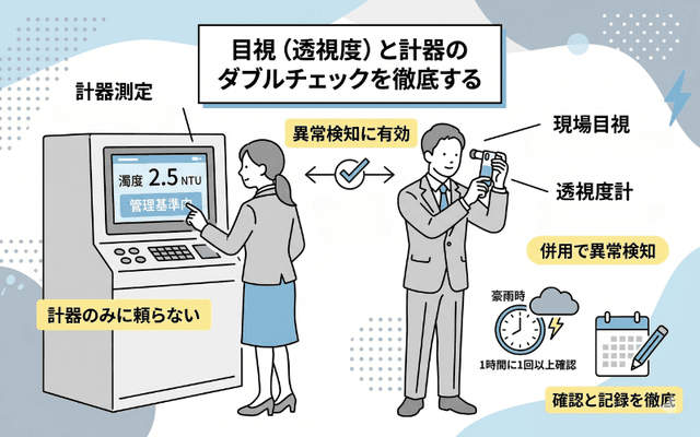 目視(透視度)とのダブルチェックを徹底する