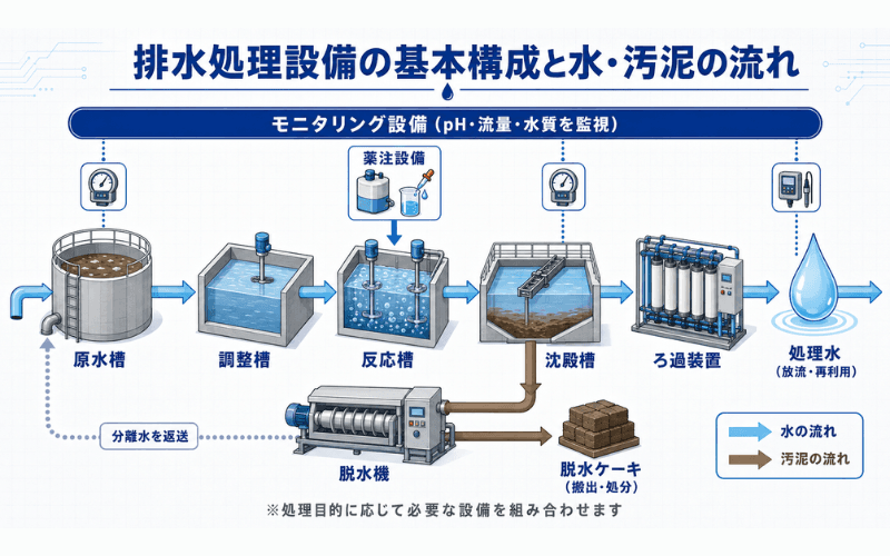 排水処理設備の基本構成と水・汚泥の流れ