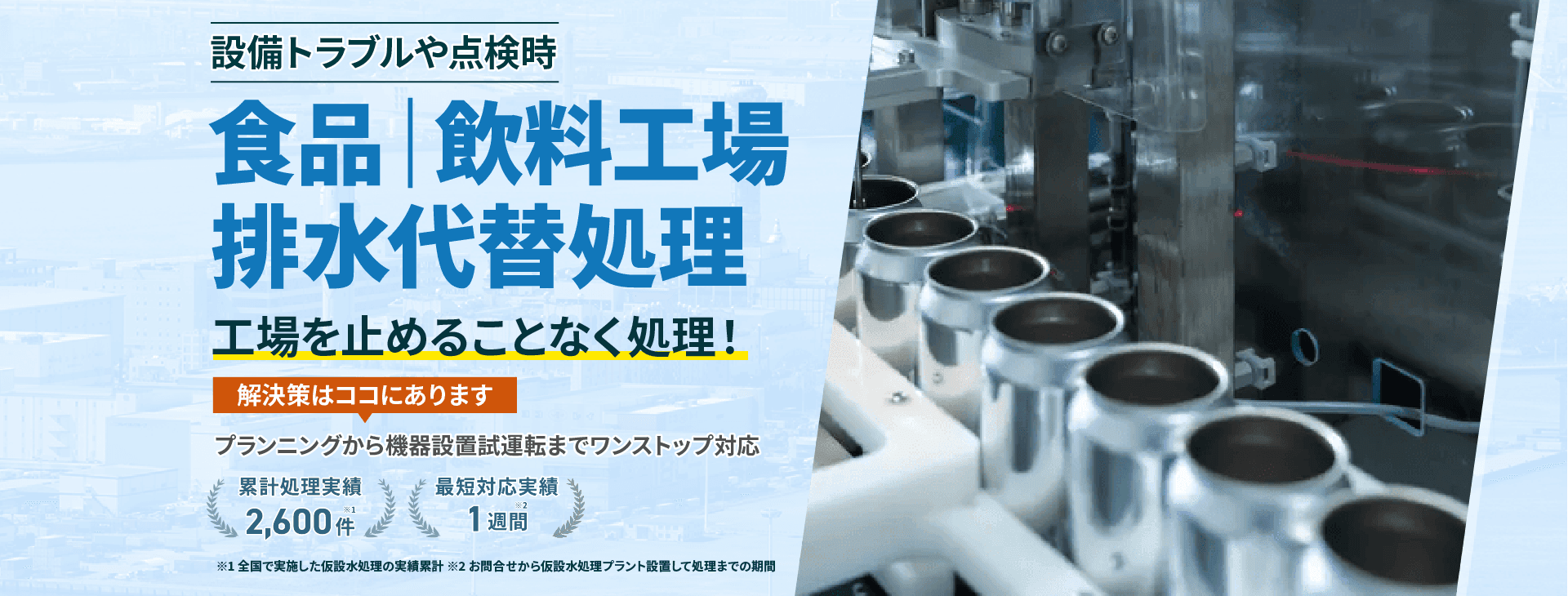 設備トラブルや点検時の化学工場の排水代替処理で工場を止めることなく処理!