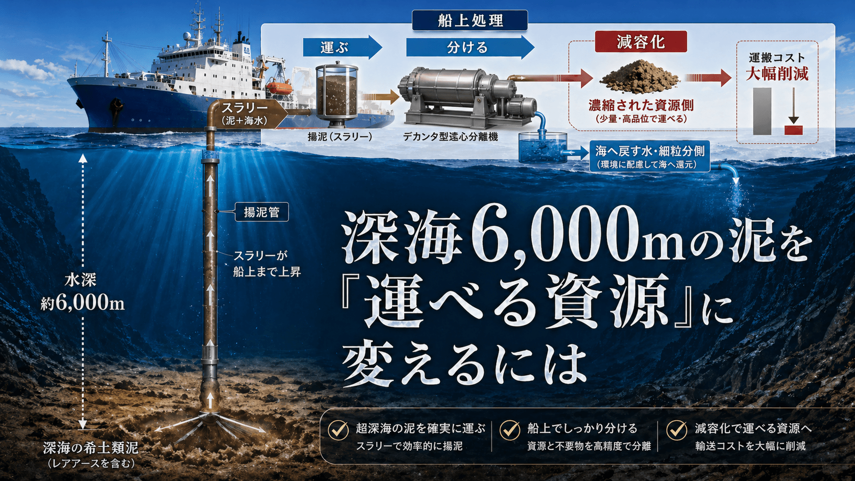 深海から揚がったレアアース泥スラリーを船上で濃縮資源側と戻し水側に分ける処理イメージ