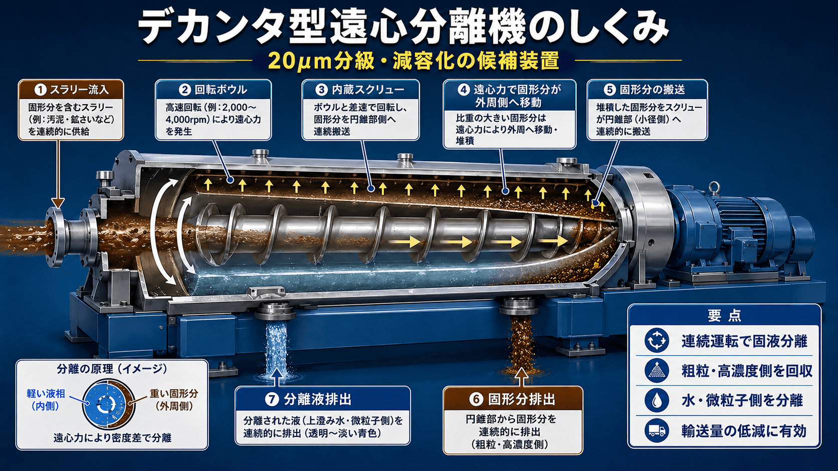 デカンタ型遠心分離機の横置きボウルと内蔵スクリューによる連続固液分離の仕組み