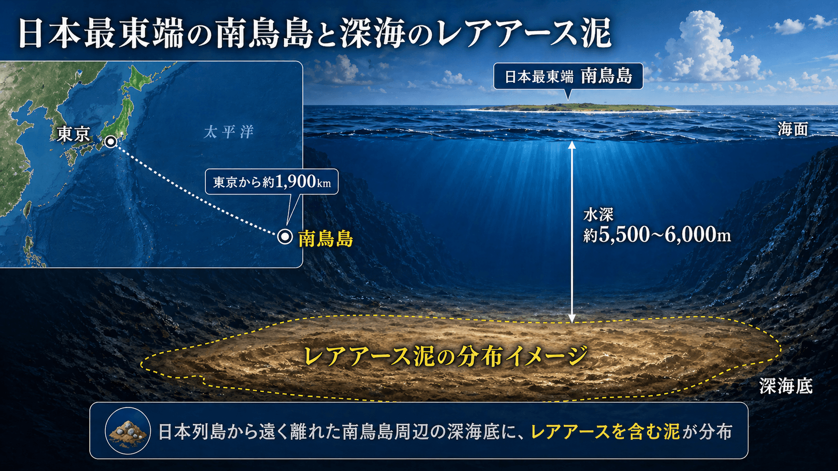 日本列島と南鳥島の位置関係、および深海約6,000mの海底にレアアース泥が分布する概念図