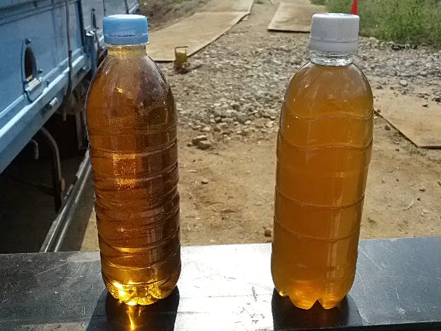処理後と処理前の汚泥濃度比較（左・処理後、右・処理前）の写真
