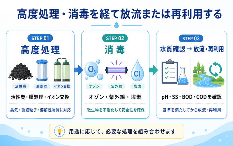 主処理後の水が目標水質に達していない場合は、高度処理や消毒を行います。活性炭は臭気や一部の有機物を吸着し、膜処理は微細粒子や微生物、溶解性物質を分離します。イオン交換は水中の特定のイオンを除去・交換する方法です。 また、オゾン、紫外線、塩素などを用いて微生物を不活化し、用途に応じた安全性を確保します。処理後はpH、SS、BOD、CODなどを測定し、放流基準や再利用に必要な水質を満たしていることを確認してから、河川への放流や工程用水としての再利用を行います。