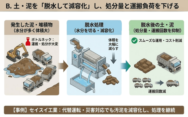 B. 土・泥を脱水して減容化
