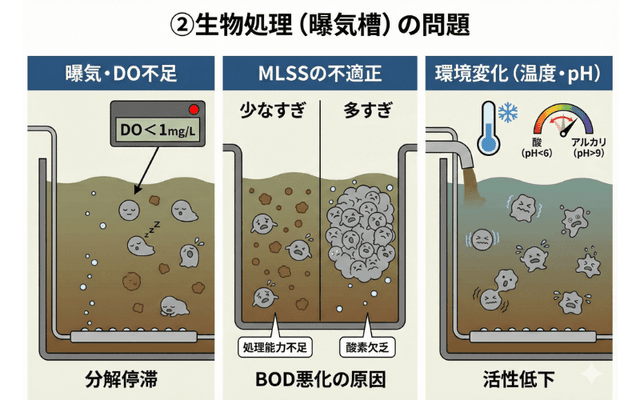 BOD上昇_生物処理(曝気槽)の問題