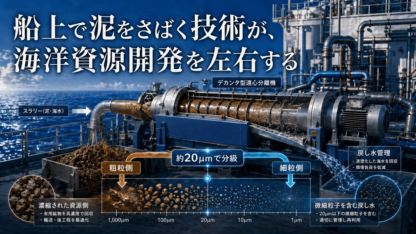 船上のデカンタ型遠心分離機で泥水スラリーを処理し、粗粒側と細粒側に分ける技術イメージq