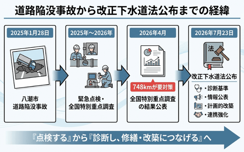 八潮市事故 → 全国特別重点調査 → 改正下水道法