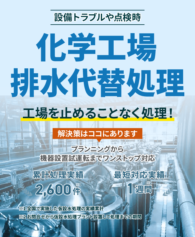 設備トラブルや点検時の化学工場の排水代替処理で工場を止めることなく処理!
