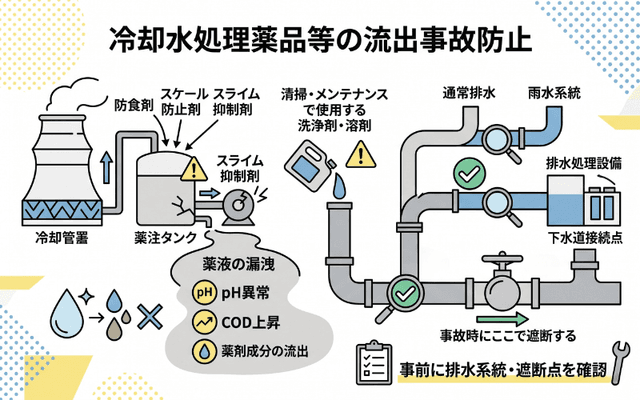 冷却水処理薬品・清掃薬剤・メンテナンス薬剤の流出