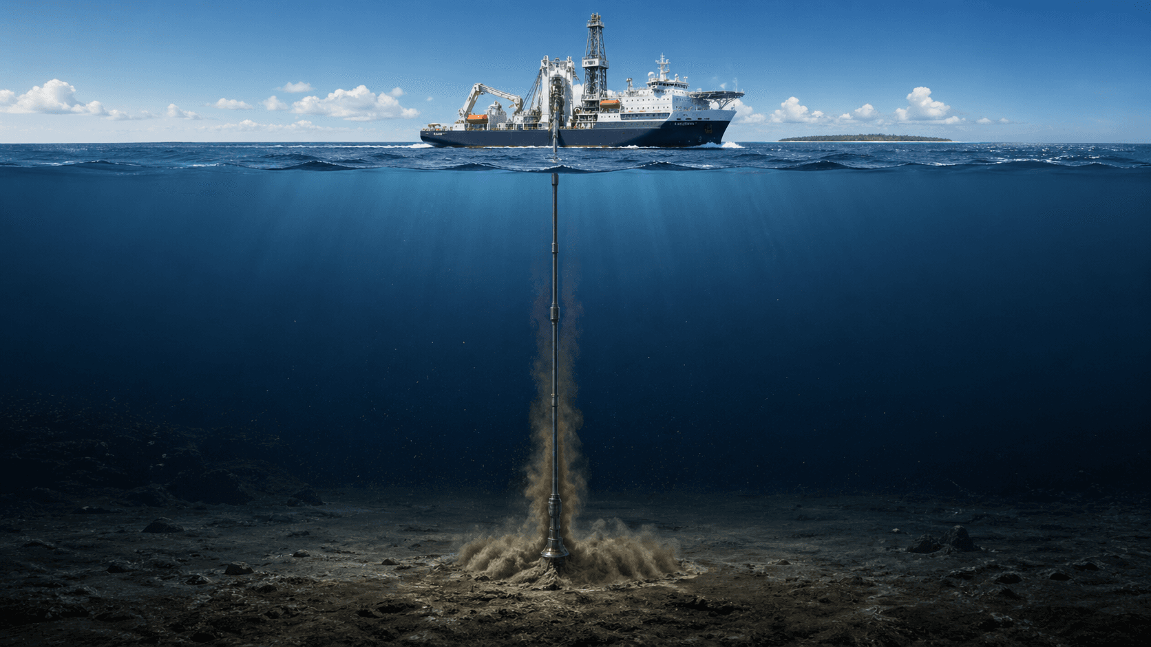 ** 南鳥島沖の大型探査船から深海約6,000mへパイプが伸び、海底の泥を汲み上げる揚泥試験の概念図