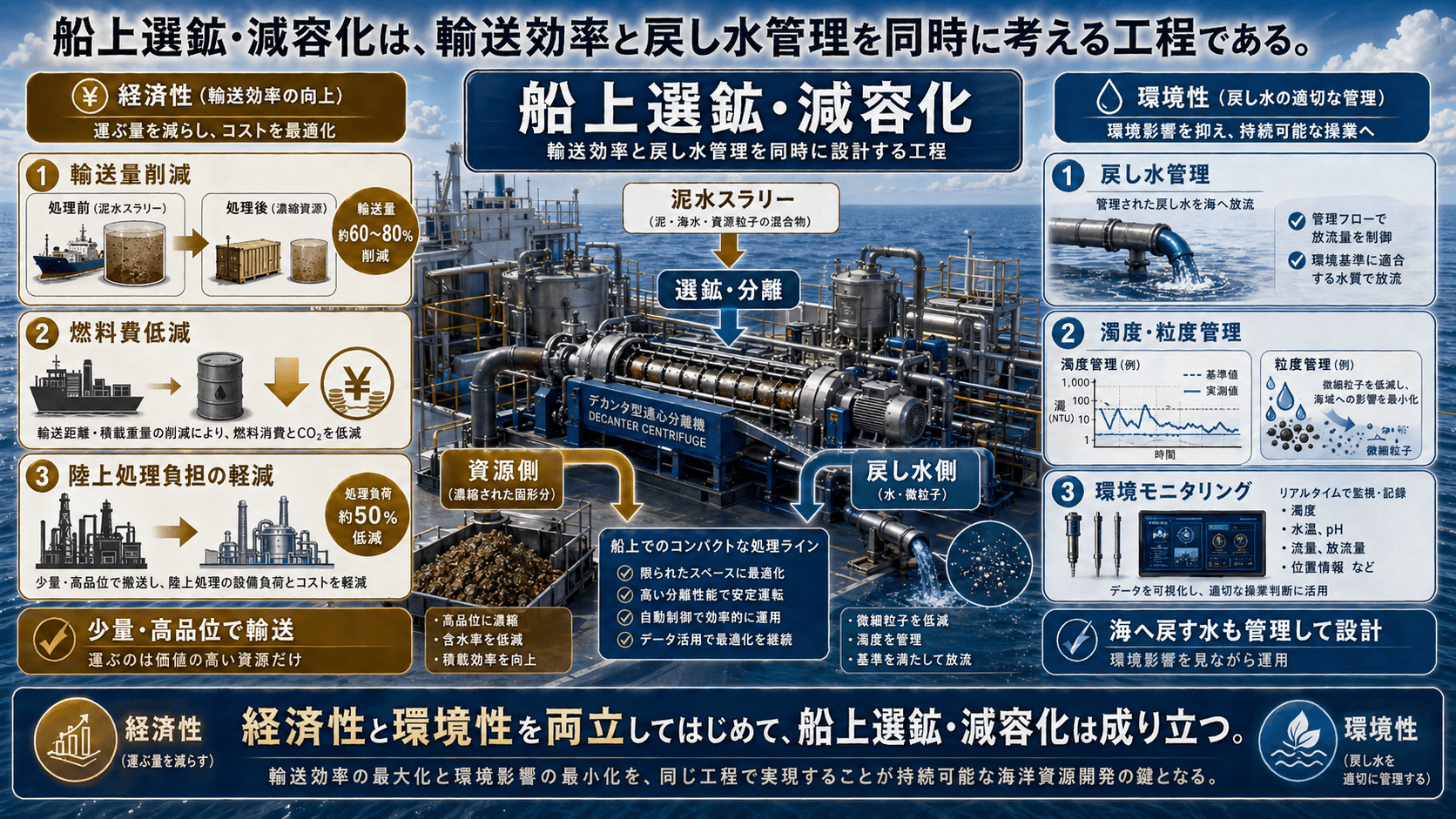 船上選鉱と減容化によって、輸送コスト削減と戻し水の環境管理を両立させる概念図