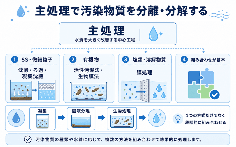 主処理は、水質を大きく改善する中心的な工程です。水中のSSや微細粒子には、沈殿、ろ過、凝集沈殿などを用います。有機物の濃度を下げる場合は、微生物を利用した活性汚泥法や生物膜法が選択肢になります。塩類や微細な溶解物質を除去する場合には、膜処理などを組み合わせます。 原水には複数の汚染物質が含まれることが多いため、一つの方式だけですべてを処理できるとは限りません。例えば、凝集処理で微細な粒子をまとめた後に固液分離を行い、残った有機物を生物処理で分解するなど、物理的・化学的・生物的処理を段階的に組み合わせます。