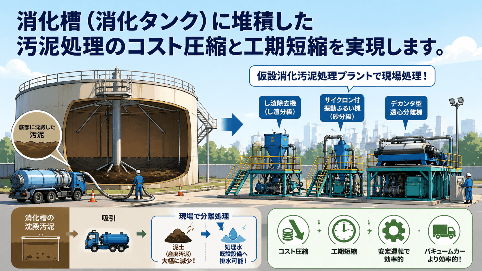 消化槽(消化タンク)に堆積した汚泥処理のコスト圧縮と工期短縮を実現します。