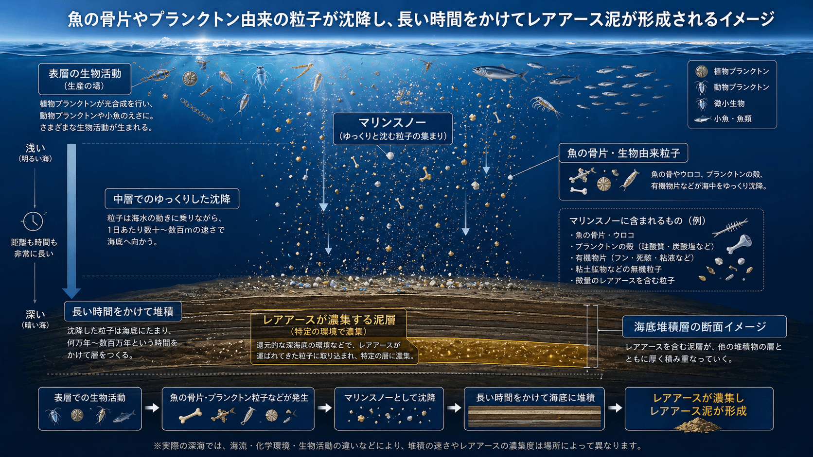 魚の骨片やプランクトン由来の粒子が海底に沈み、長い時間をかけてレアアース泥になる過程
