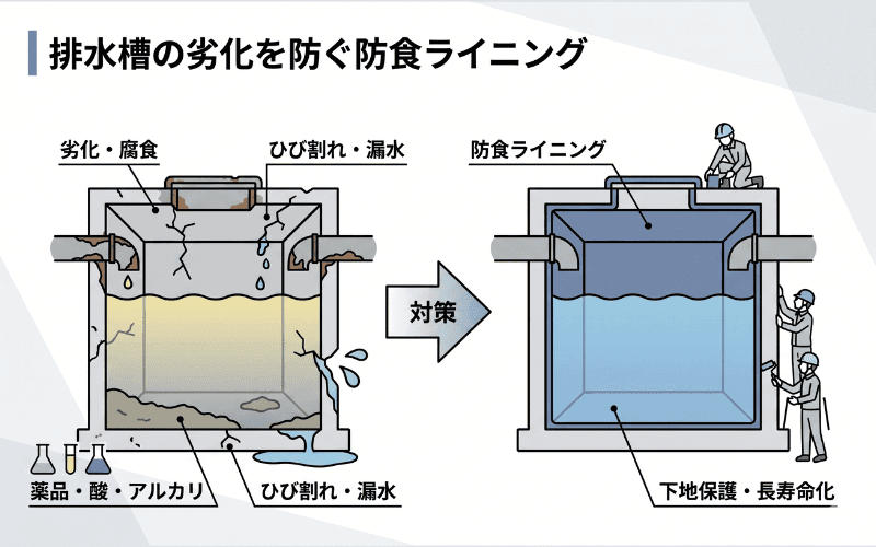 排水槽・水槽で防食ライニングが必要になる理由
