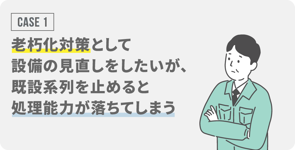 CASE1：老朽化対策として設備の見直しをしたいが、既設系列を止めると処理能力が落ちてしまう